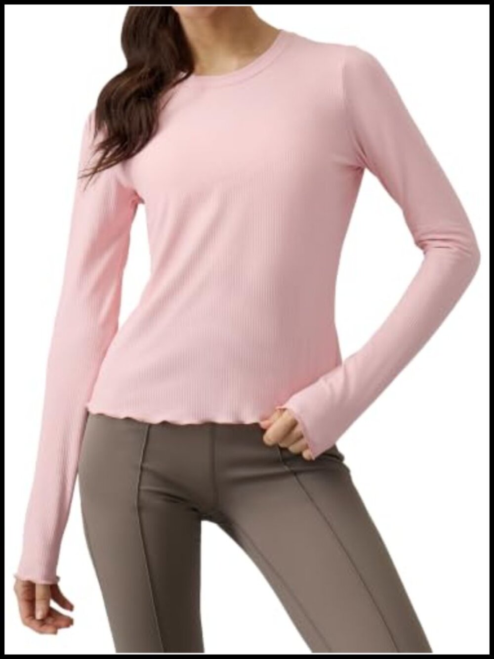 Women's Ribbed Long Sleeve Crop Top Scalloped Hem Yoga Workout Shirt
